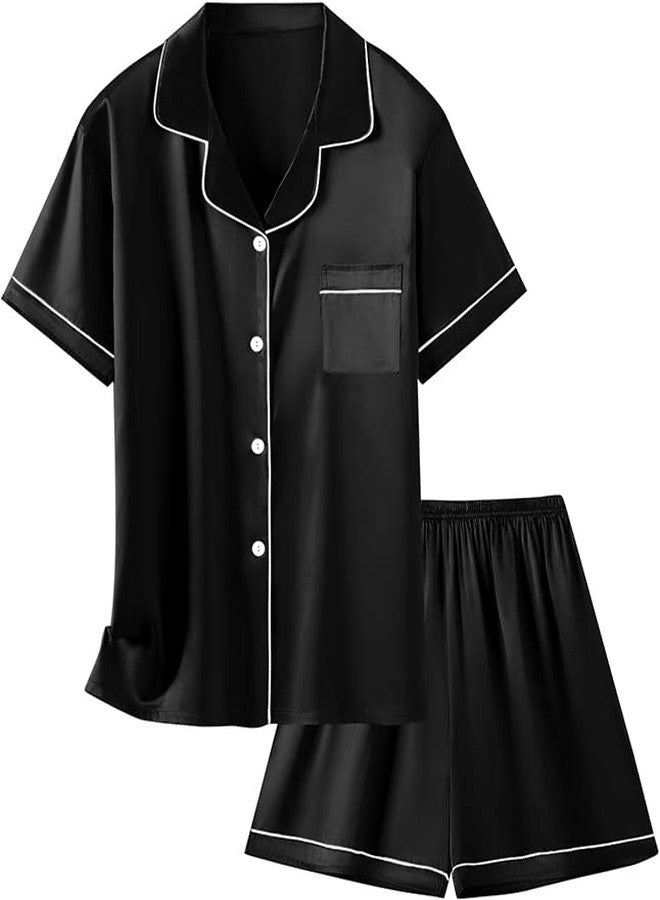 Schbbbta Kids Satin Pajamas, 2 Pcs Sleepwear Short Sleeve Silk Satain Summer Pajama Set for Teen Girls and Boys, Dark Black, 11-12 Years = Tag 160 - Image 1